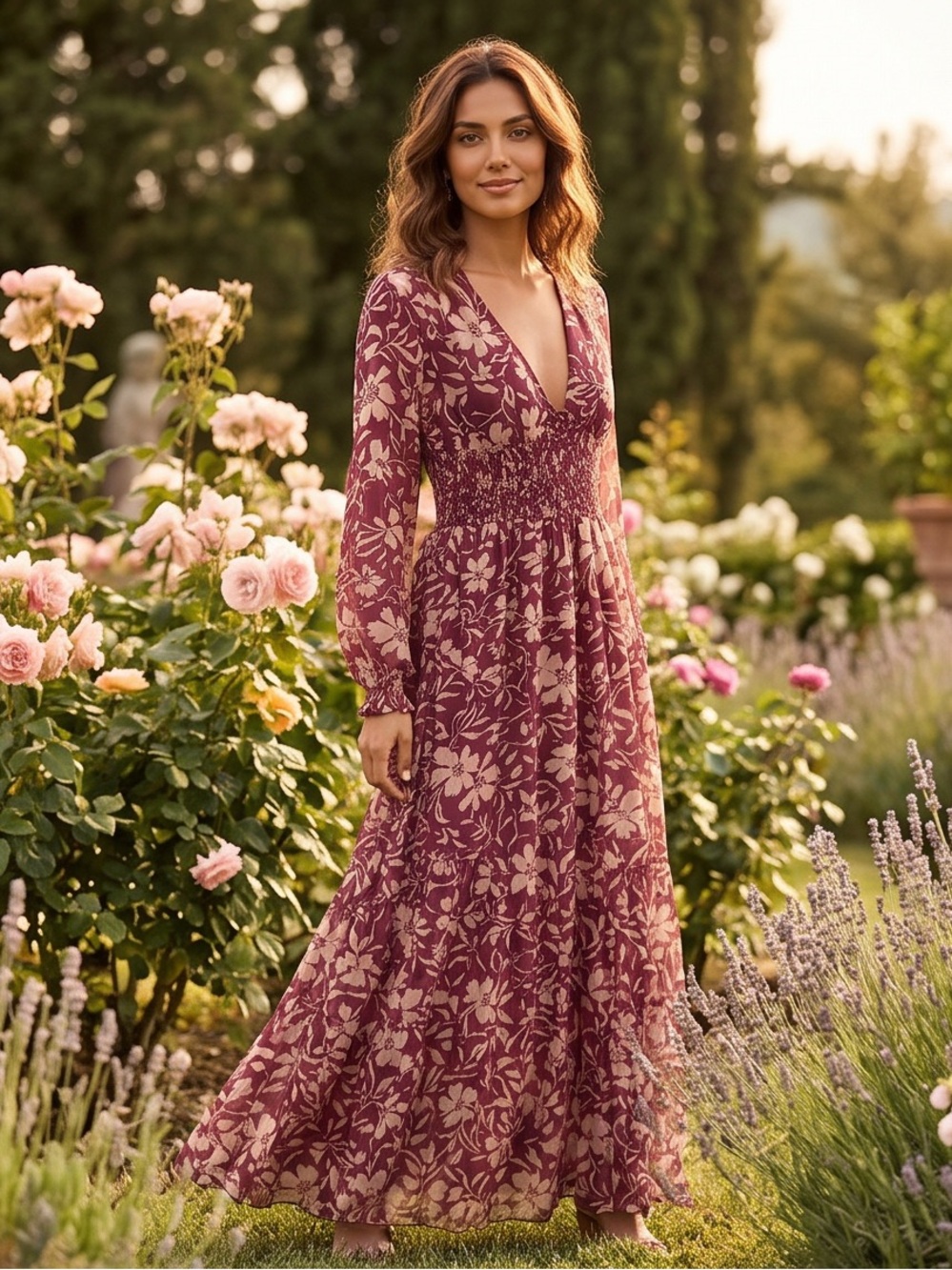 Patrons of Peace Berry Floral V‑Neck Shirred Maxi Dress - Picture 3 of 12
